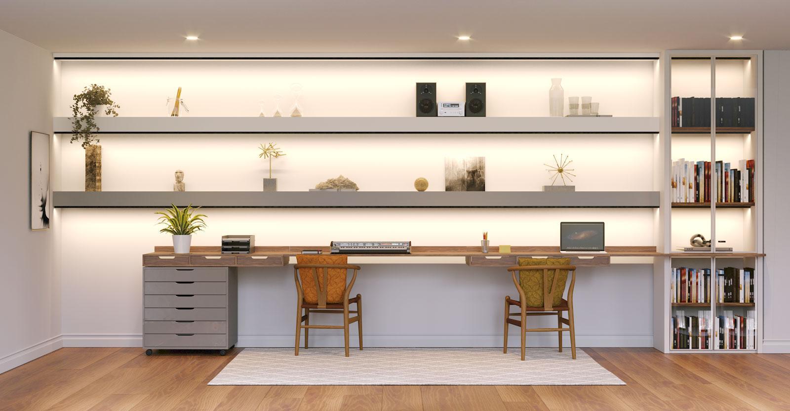 Home office with under shelves DEL lighting