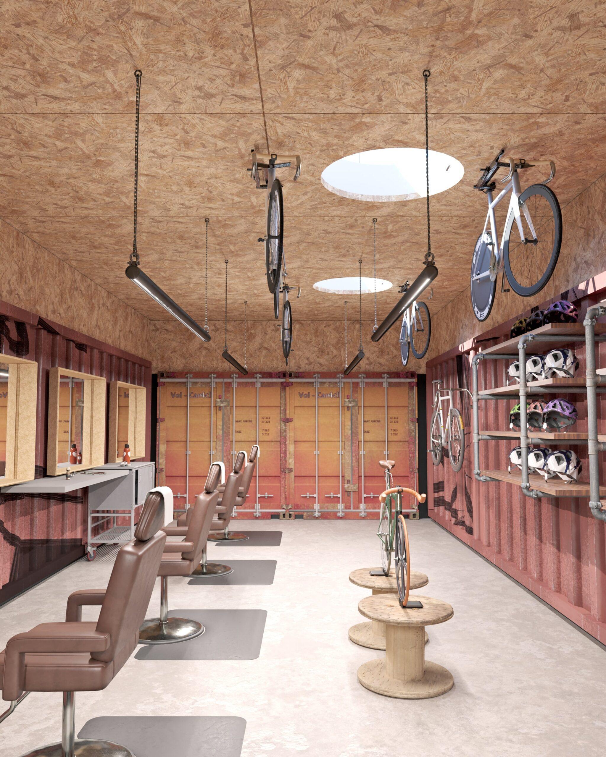 Barber shop with industrial luminaire
