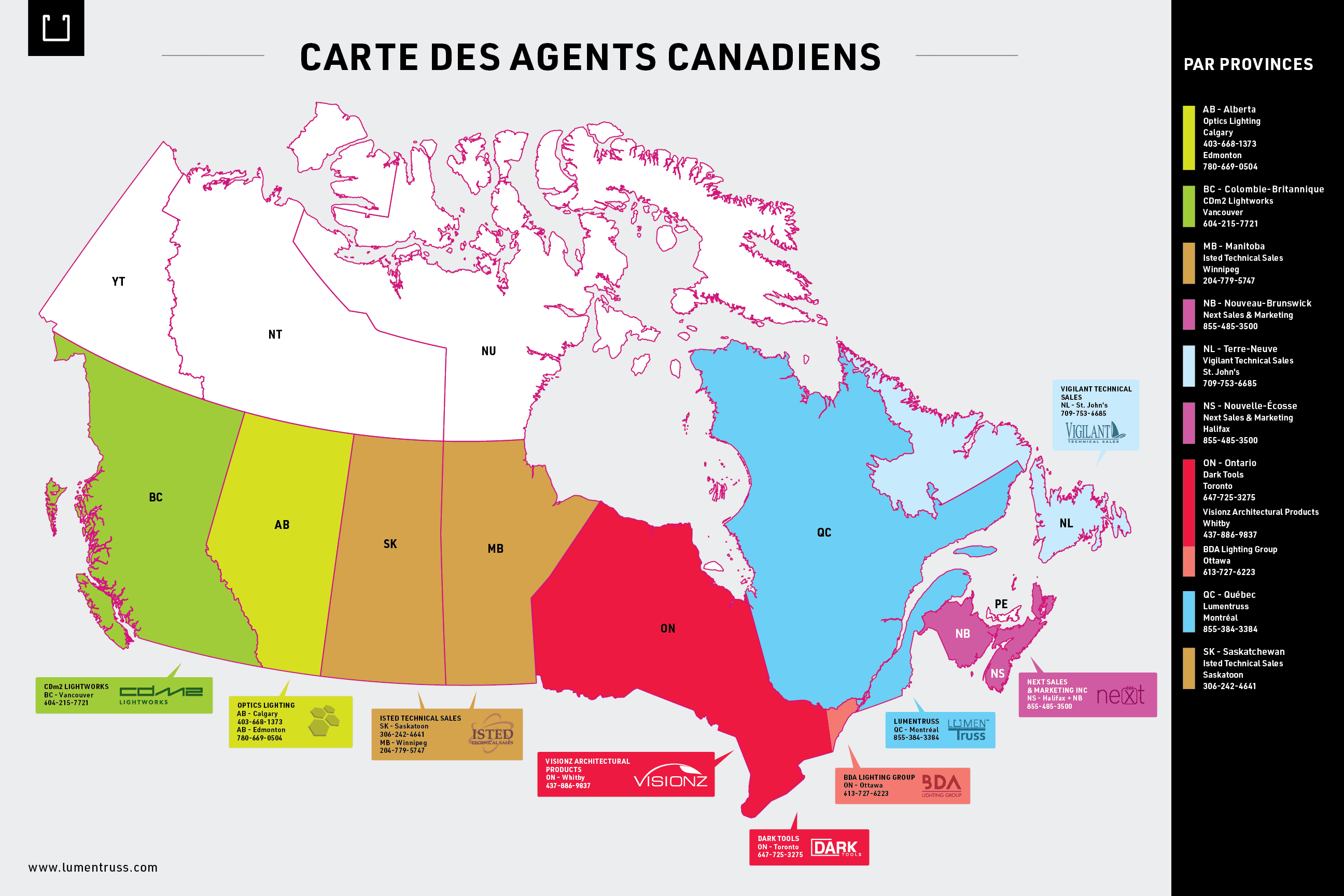 Carte des agents canadiens de LumenTruss
